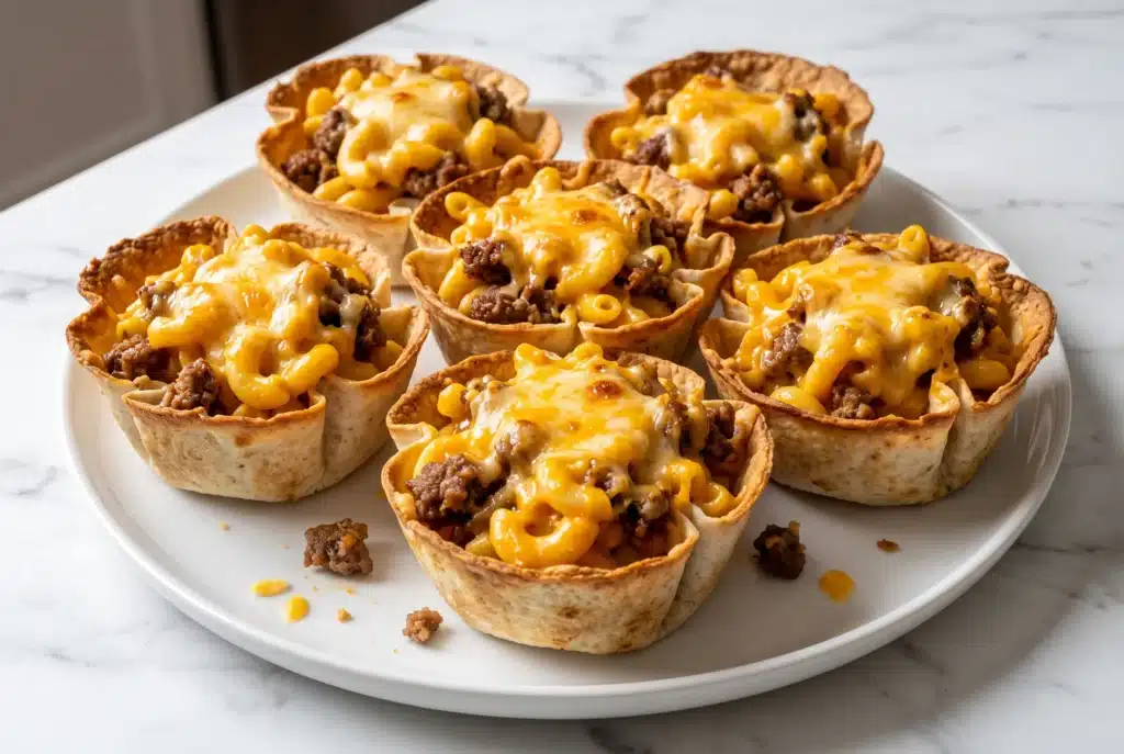Mac and cheeseburger taco cups filled with creamy cheddar macaroni, seasoned ground beef and melted cheese