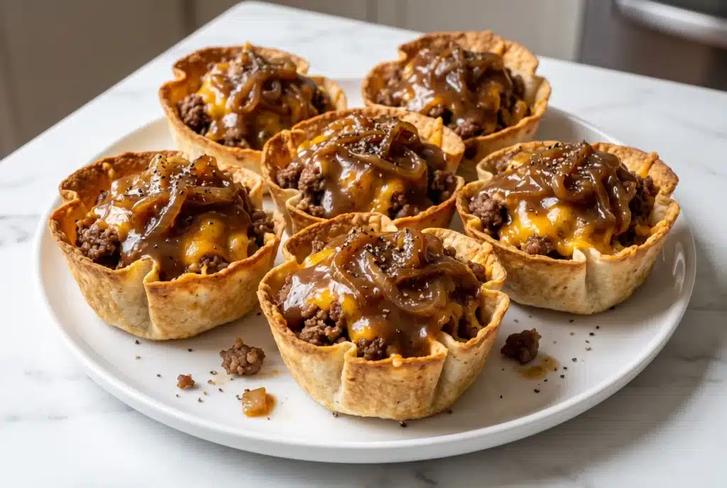 Philly cheesesteak taco cups filled with sliced beef, sautéed peppers, onions and melted provolone cheese