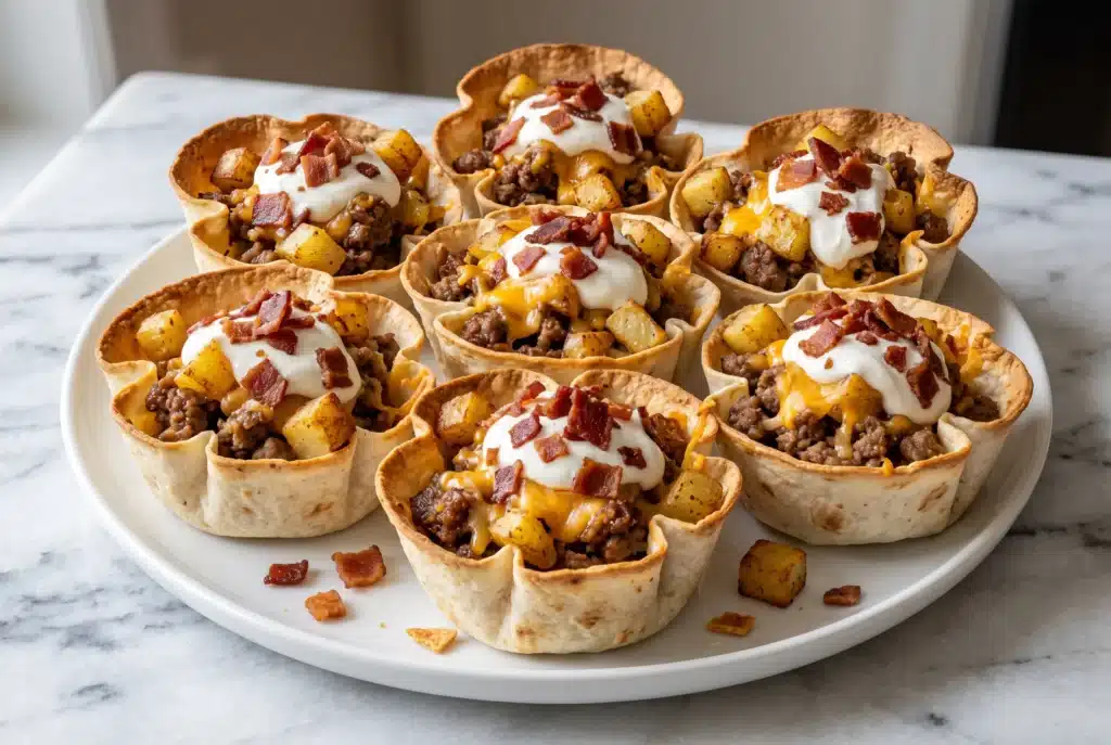 Garlic butter cheeseburger taco cups with golden tortilla shells, ground beef, melted mozzarella and Parmesan