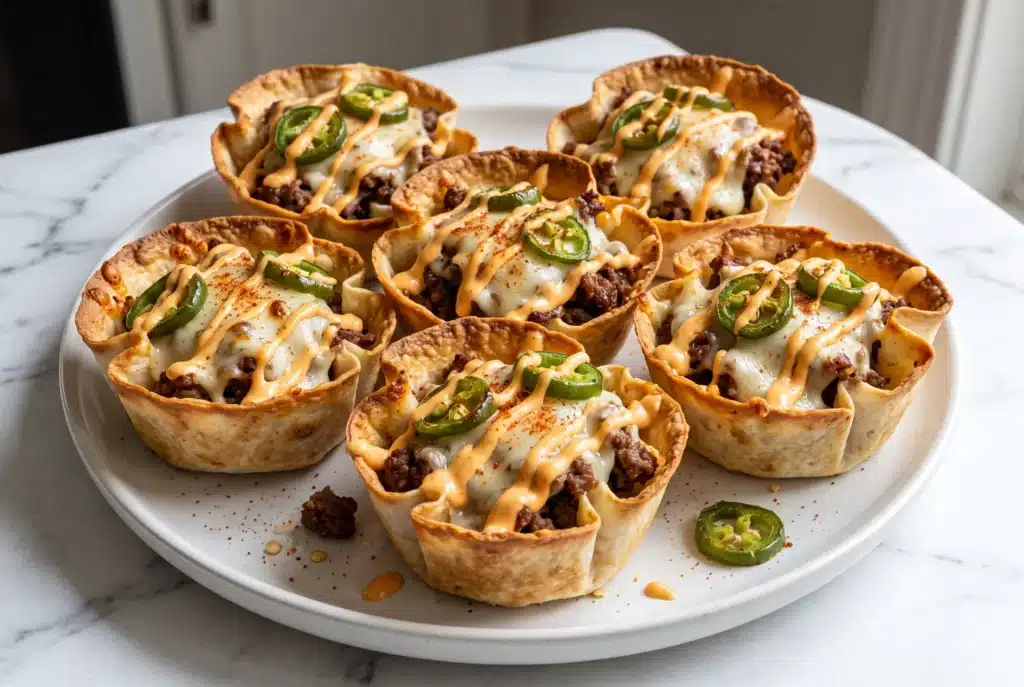 Spicy jalapeño cheeseburger taco cups with ground beef, melted pepper jack cheese and spicy mayonnaise